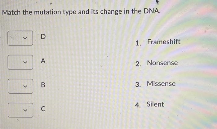 Solved Match the mutation type and its change in the DNA. | Chegg.com