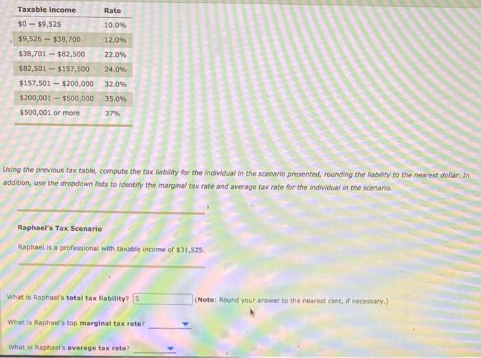 Solved Taxable income Rate $0 - $9,525 10.0% $9,526 - | Chegg.com