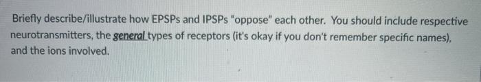Briefly describe/illustrate how EPSPs and IPSPs oppose each other. You should include respective neurotransmitters, the gen