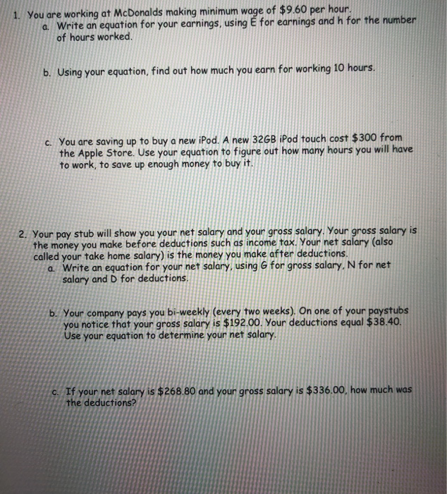 Solved 1. You are working at McDonalds making minimum wage | Chegg.com