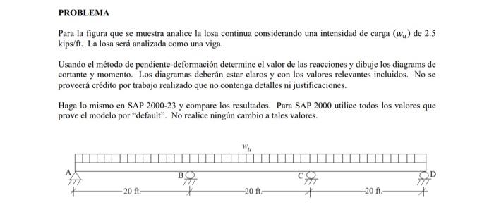 Para la figura que se muestra analice la losa continua considerando una intensidad de carga \( \left(w_{u}\right) \) de 2.5 k