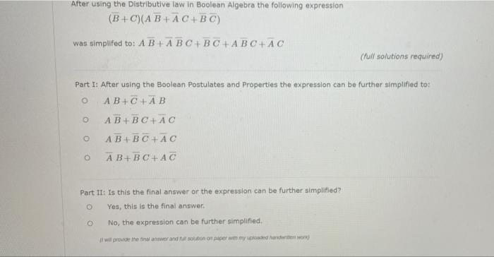 Solved After using the Distributive law in Boolean Algebra | Chegg.com
