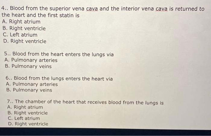 solved 1 the superior vena cava is the large vein which chegg com