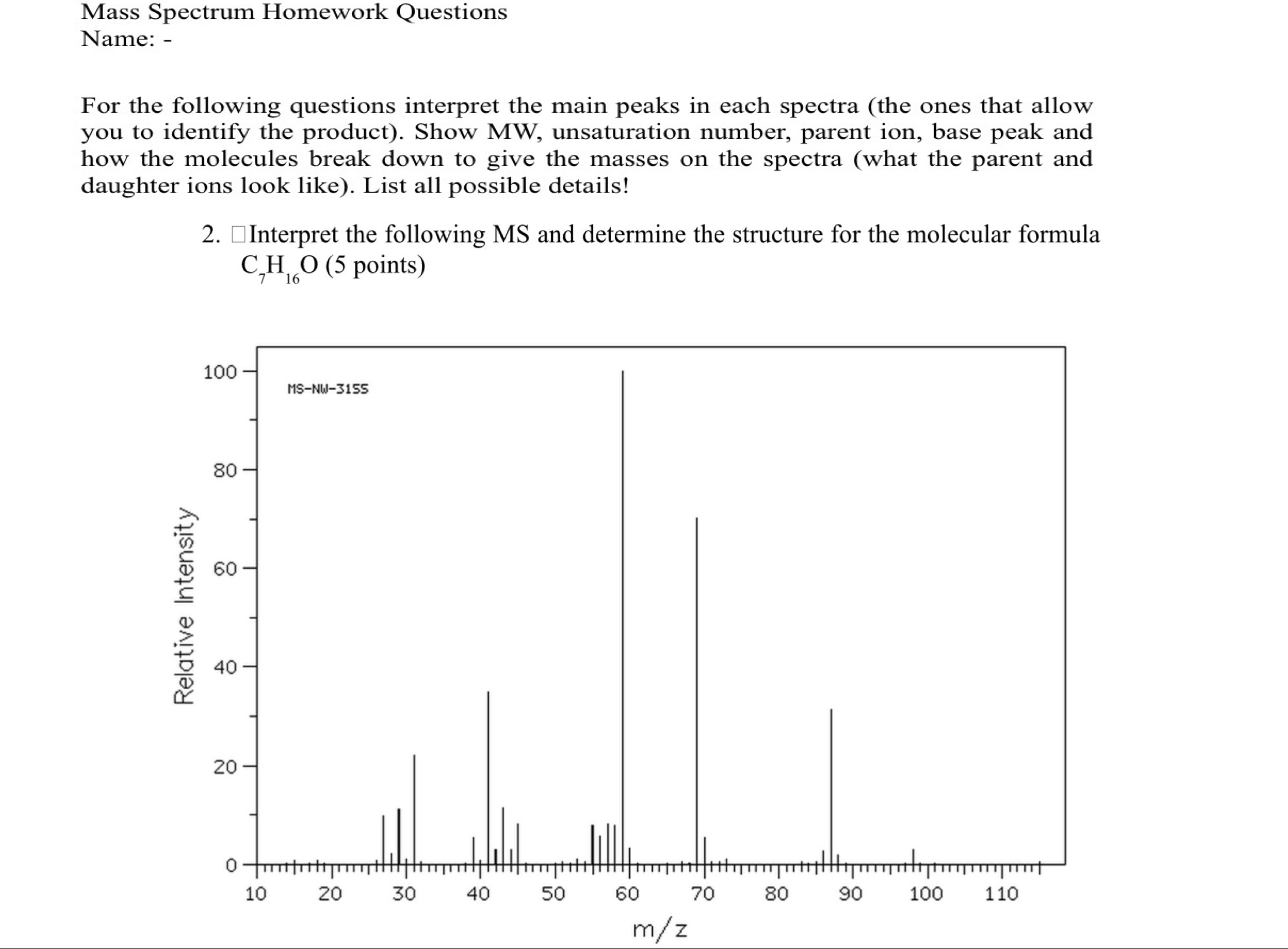 Solved Mass Spectrum Homework QuestionsName: -For the | Chegg.com