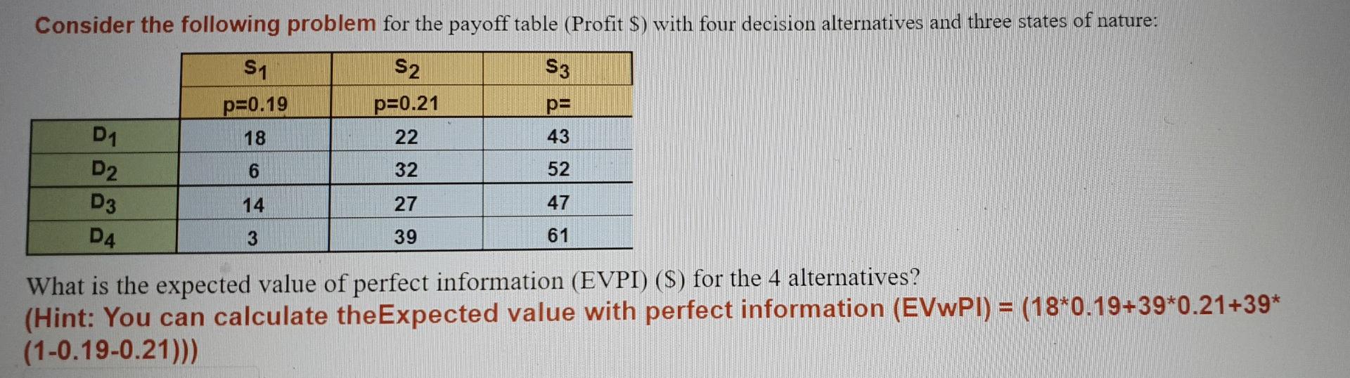 Solved Consider The Following Problem For The Payoff Table | Chegg.com