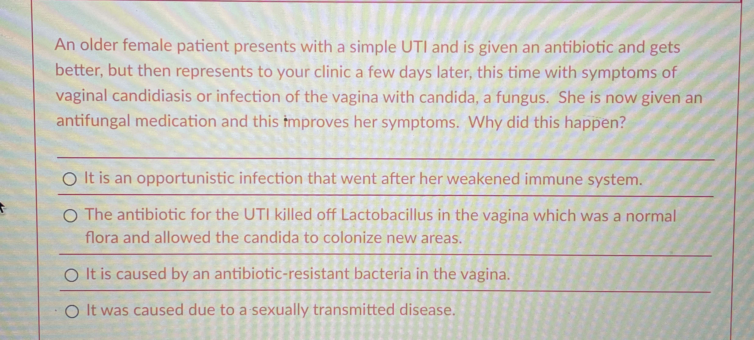 An older female patient presents with a simple UTI
