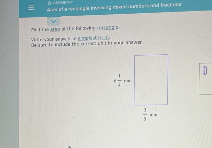 area of a rectangle involving mixed numbers and fractions