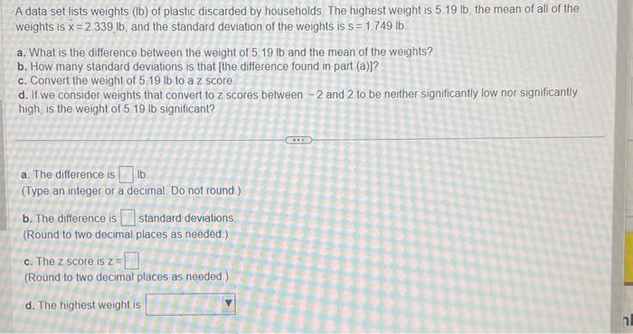 Solved A data set lists weights ( lb ) of plastic discarded | Chegg.com