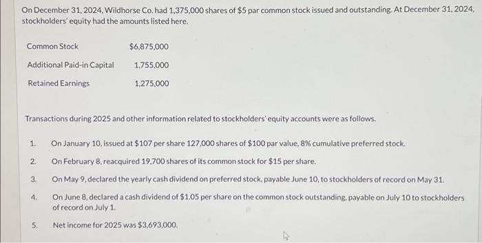 Solved On December 31, 2024, Wildhorse Co. had 1,375,000 | Chegg.com