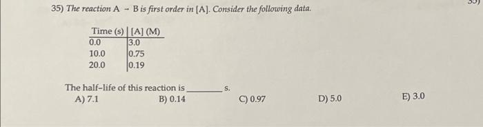 Solved 35) The Reaction A - B Is First Order In (A). | Chegg.com