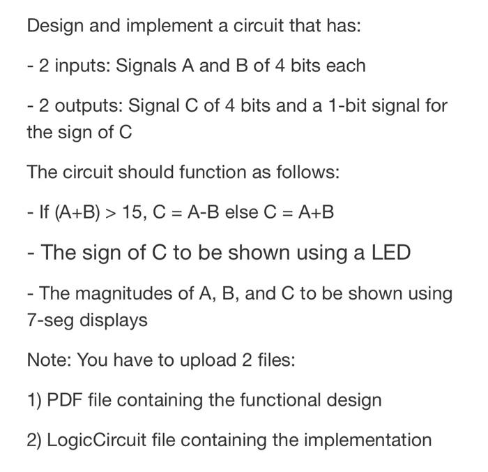 Solved Design and implement a circuit that has: - 2 inputs: | Chegg.com