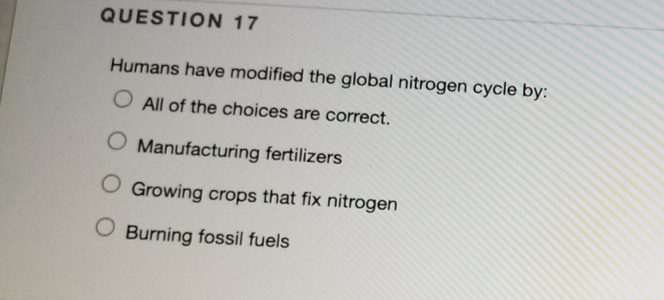Solved QUESTION 17 Humans have modified the global nitrogen | Chegg.com