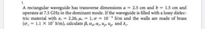 Solved A rectangular waveguide has transverse dimensions a = | Chegg.com