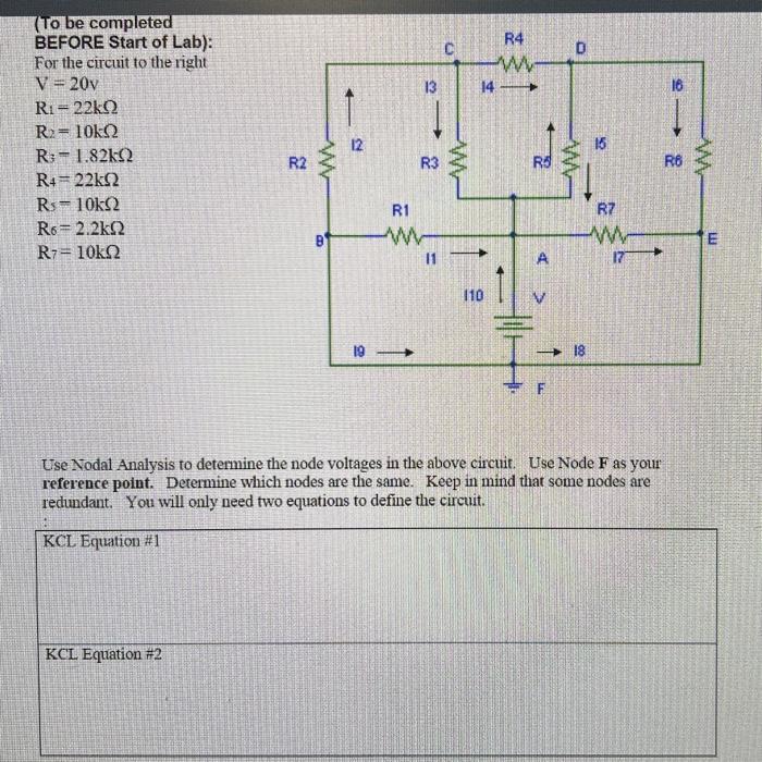 (To be completed
BEFORE Start of Lab):
For the circuit to the right
\[
\begin{array}{l}
V=20 \mathrm{~V} \\
R_{1}=22 \mathrm{