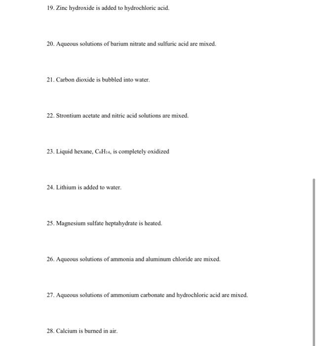 Solved 19. Zinc hydroxide is added to hydrochloric acid. 20.