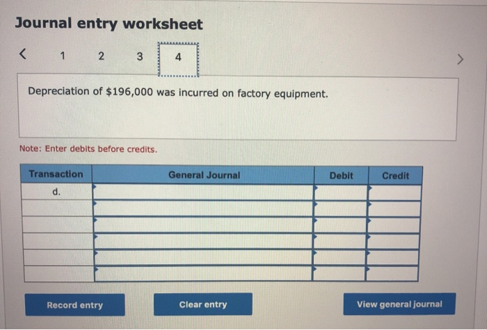 Journal entry worksheet < 1 2 3 depreciation of $196,000 was incurred on factory equipment. note: enter debits before credits