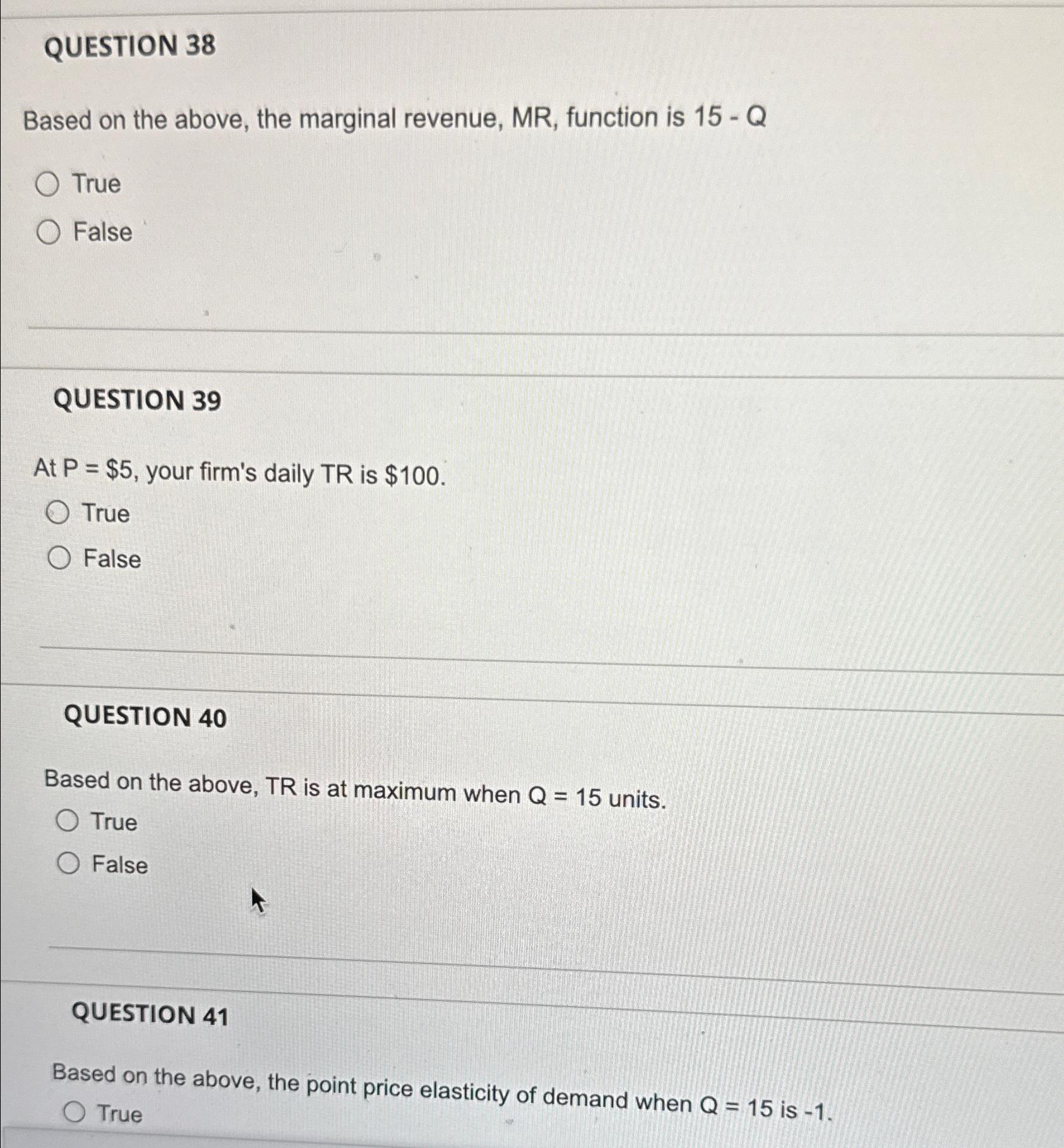 Solved QUESTION 38Based on the above, the marginal revenue, | Chegg.com