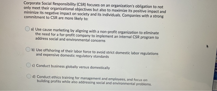 Solved Corporate Social Responsibility (CSR) Focuses On An | Chegg.com