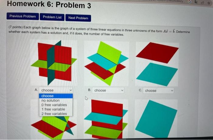 (7 points) Each graph below is the graph of a system of three linear equations in three unknowns of the form \( A \vec{x}=\ve