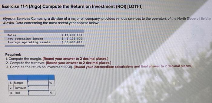 Solved Exercise 11-1 (Algo) Compute The Return On Investment | Chegg.com