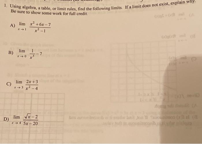 Solved 1. Using algebra, a table, or limit rules, find the | Chegg.com
