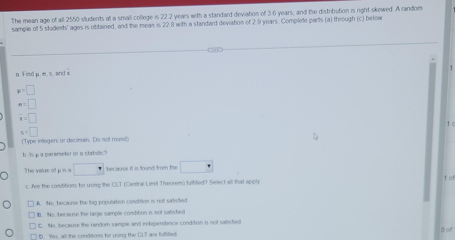 Solved The mean age of all 2550 students at a small college | Chegg.com