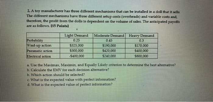 Solved 2. A toy manufacturer has three different mechanisms