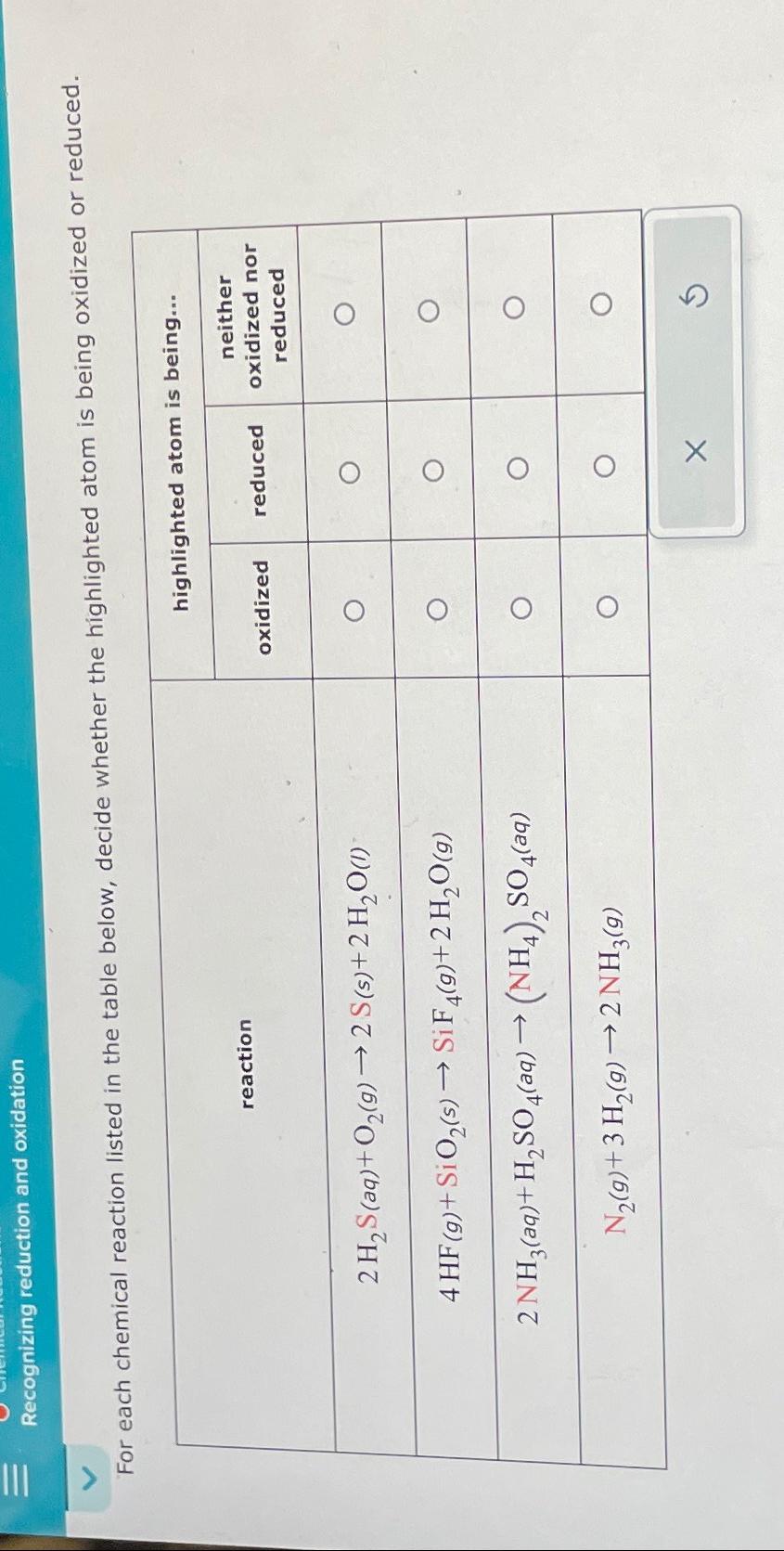 Solved Recognizing Reduction And Oxidation For Each Chemical Chegg Com