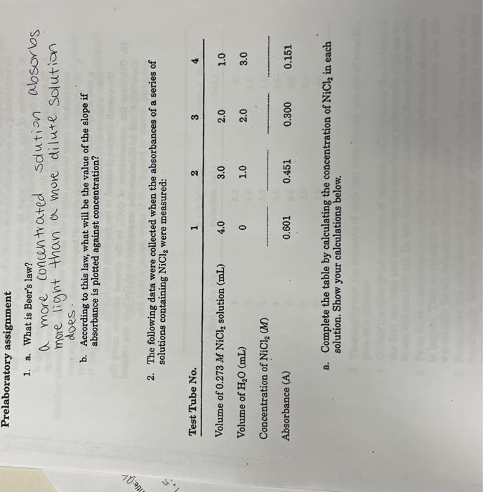 Solved Prelaboratory Assignment 1. A. What Is Beer's Law? A | Chegg.com ...