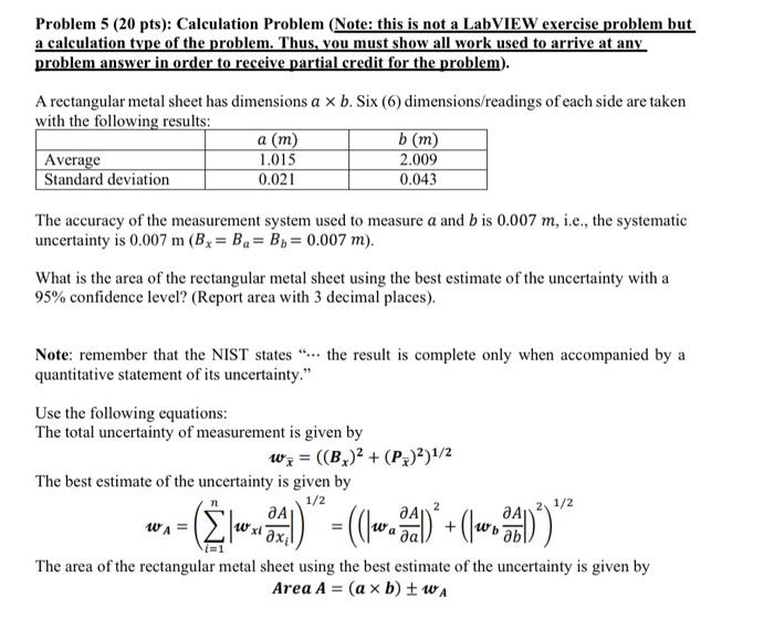 Solved Problem 5 (20 Pts): Calculation Problem (Note: This | Chegg.com