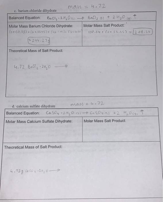 Solved Mass 4 72 C Barium Chloride Dihydrate Balanced Chegg Com