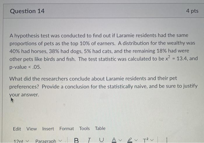 Solved Question 14 4 pts A hypothesis test was conducted to | Chegg.com