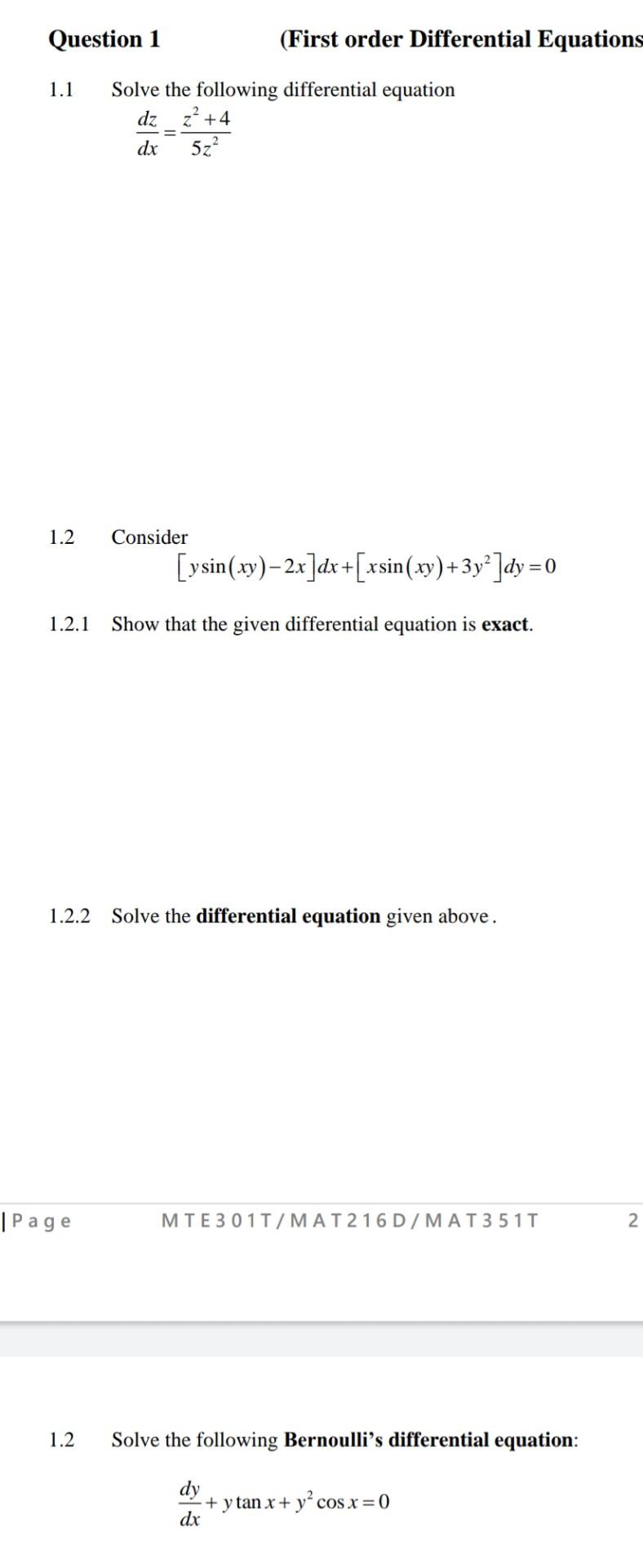 Solved Question 1 (First order Differential Equations Solve | Chegg.com
