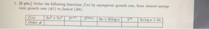 1. [6 pts.] Order the following functions f(n) by asymptotic growth rate, from slowest asymp- totic growth rate (1) to fastes