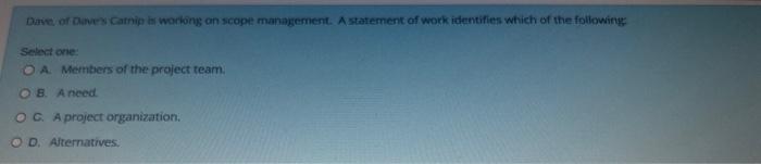 Daie of Danes Catnip if worlong on seope managenent. A statement of work idemtifies which of the following
Sesiot one:
A. Mem
