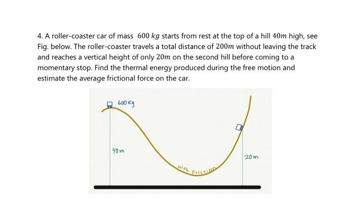 Solved 4. A roller coaster car of mass 600 kg starts from Chegg