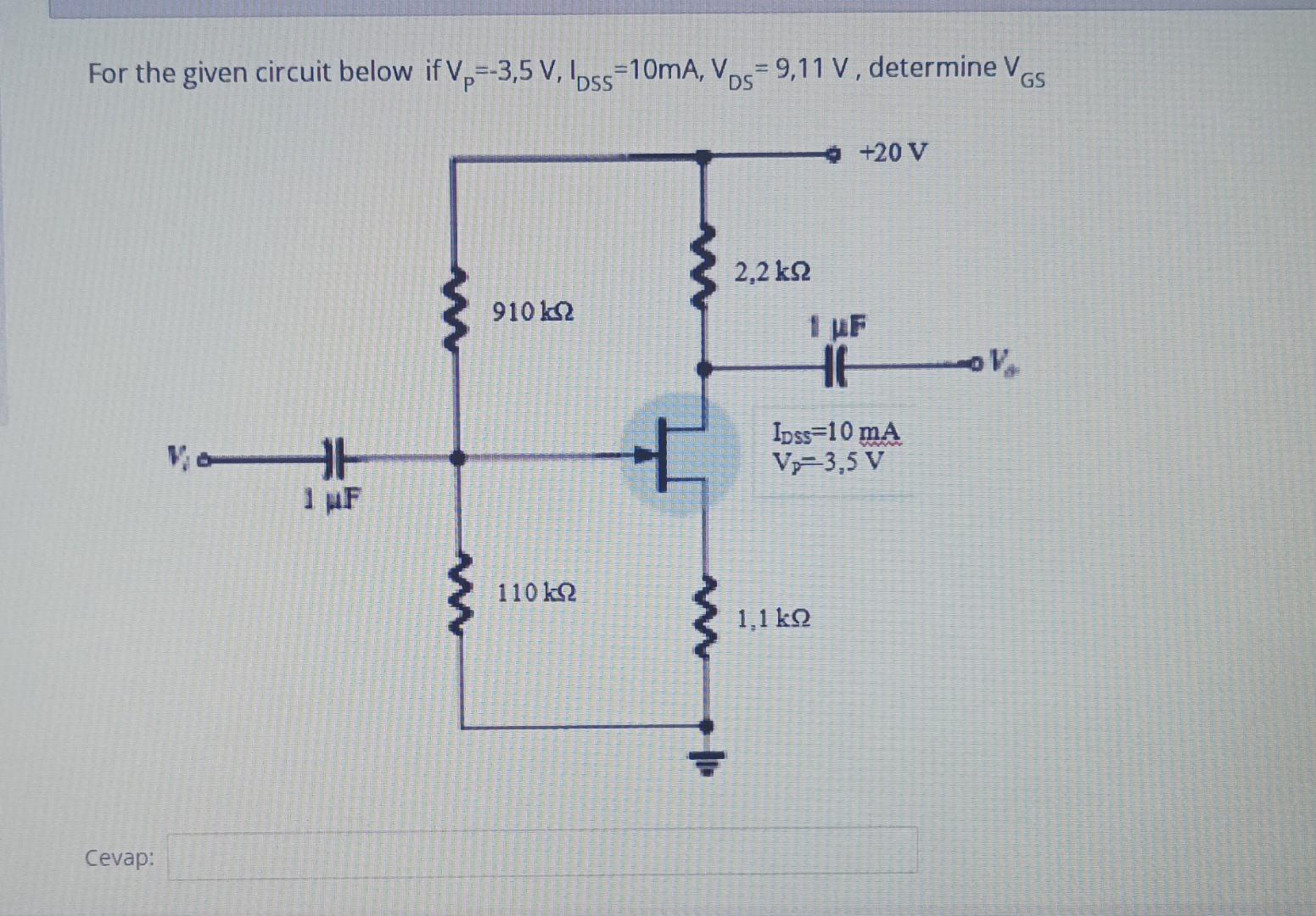 Solved For the given circuit below if VP=−3,5 V,IDSS=10 mA, | Chegg.com