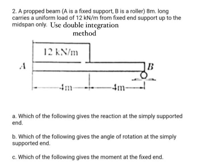 Solved 2. A propped beam (A is a fixed support, B is a | Chegg.com