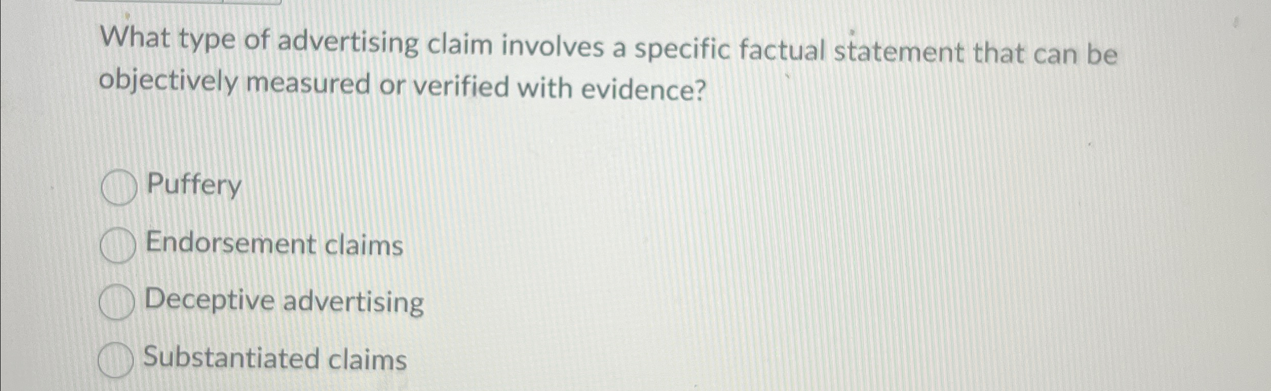 Solved What type of advertising claim involves a specific | Chegg.com