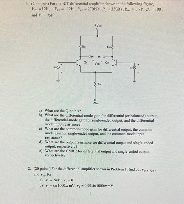 Solved 1. (20 Points) For The BJT Differential Amplifier | Chegg.com