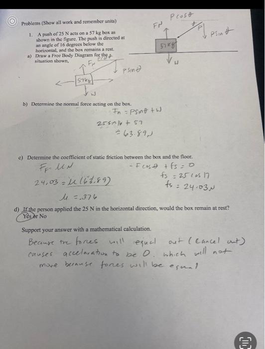 Solved Problems (Show all work and remember units) 1. A push | Chegg.com