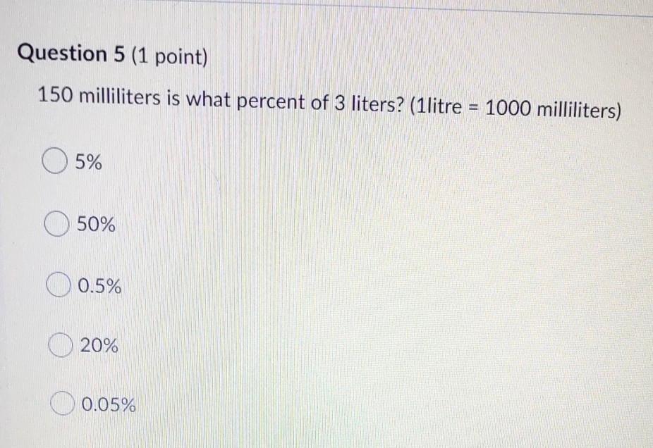 Solved Question 5 (1 point) 150 milliliters is what percent | Chegg.com