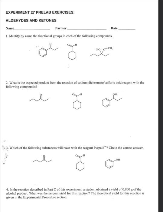 Solved EXPERIMENT 27 PRELAB EXERCISES: ALDEHYDES AND KETONES | Chegg.com