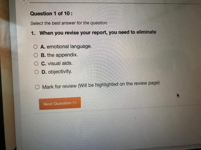 Solved Question 1 of 10 : Select the best answer for the | Chegg.com