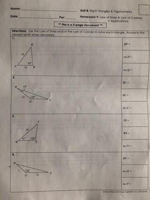 homework 9 law of sines and law of cosines applications