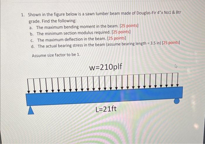 Solved 1. Shown In The Figure Below Is A Sawn Lumber Beam | Chegg.com