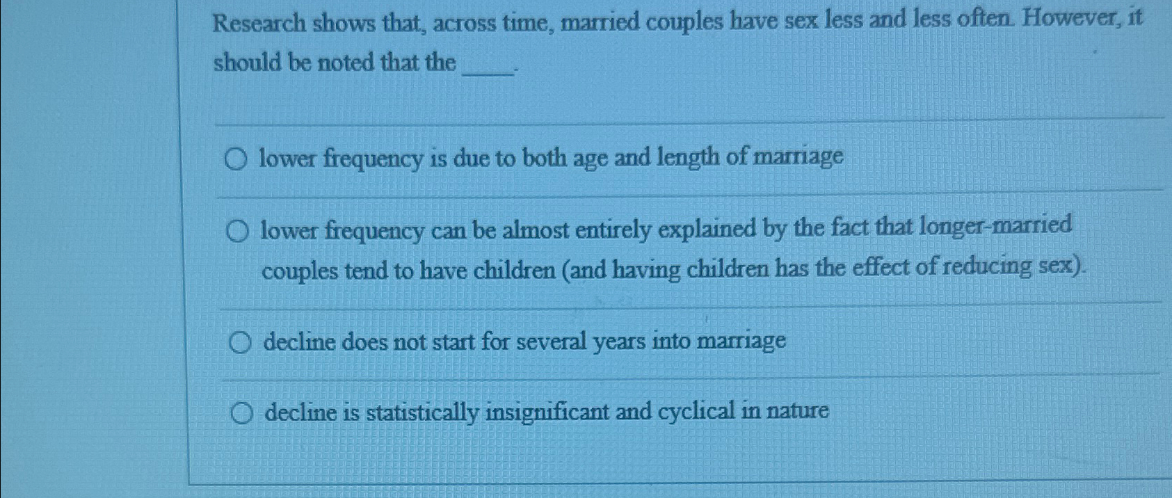 Solved Research shows that, across time, married couples | Chegg.com