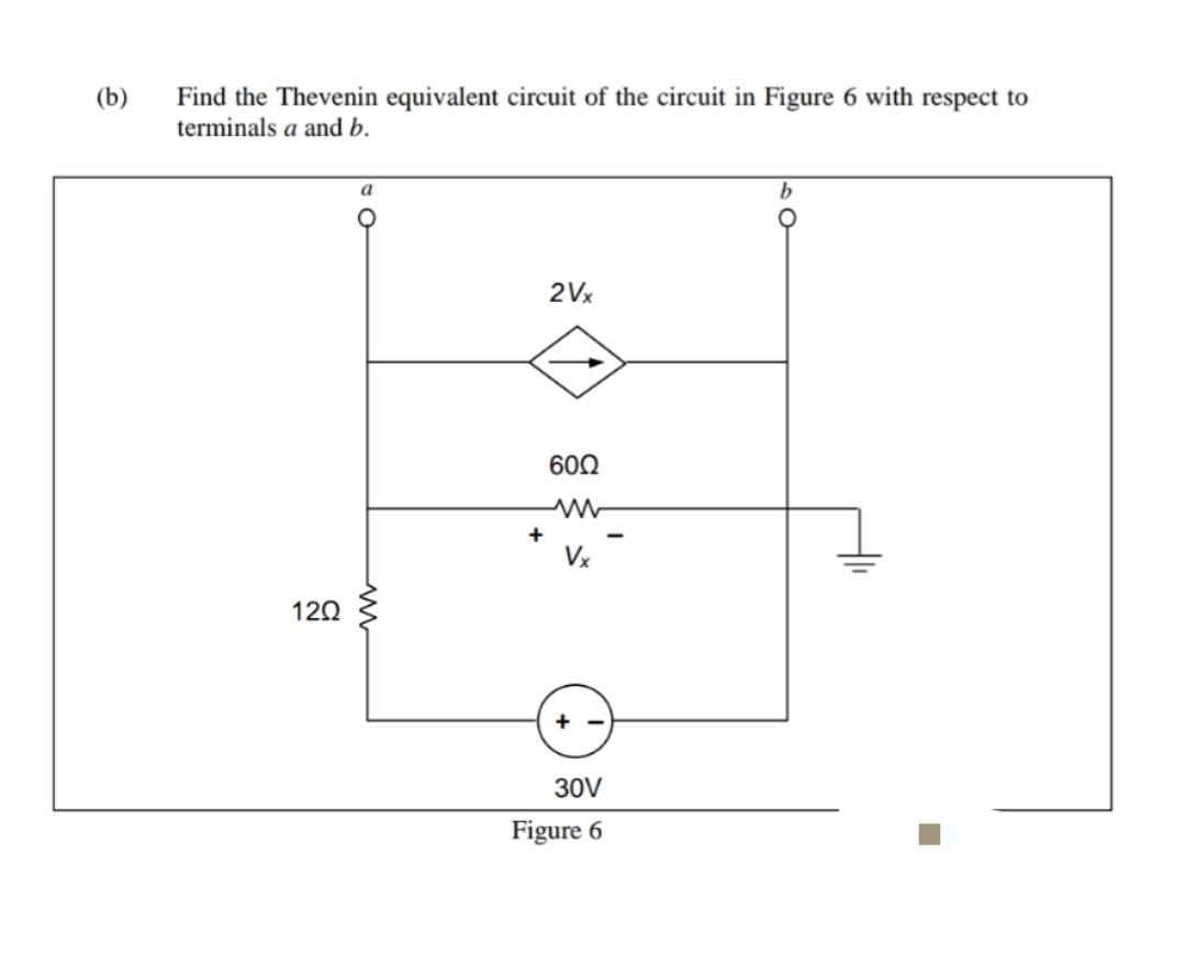 (b) Find the Thevenin equivalent circuit of the circuit in Figure 6 with respect to terminals \( a \) and \( b \).