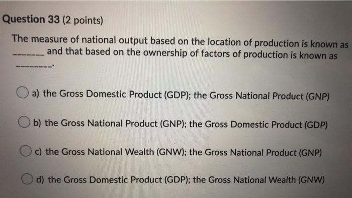 Solved Question 33 (2 points) The measure of national output | Chegg.com