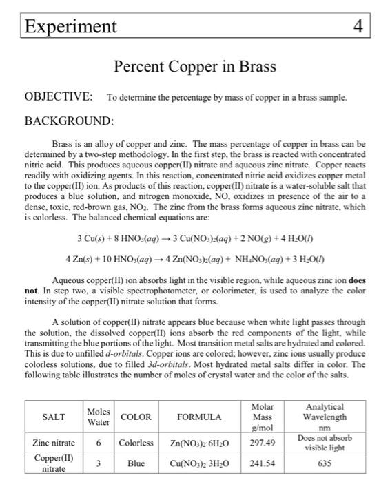 Experiment 4 Percent Copper in Brass OBJECTIVE To